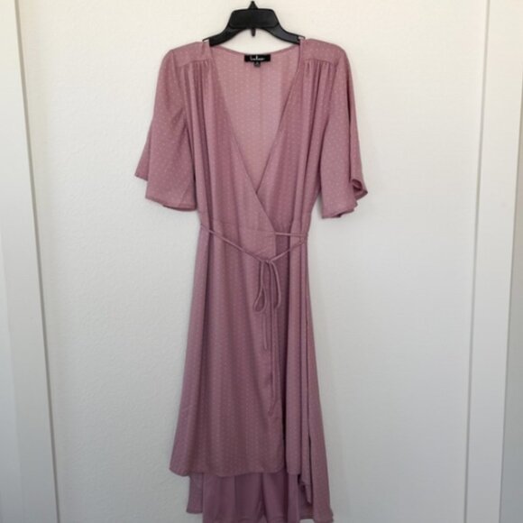 Lulu's Medium Farah Mauve Print Midi Wrap Dress - Picture 3 of 8